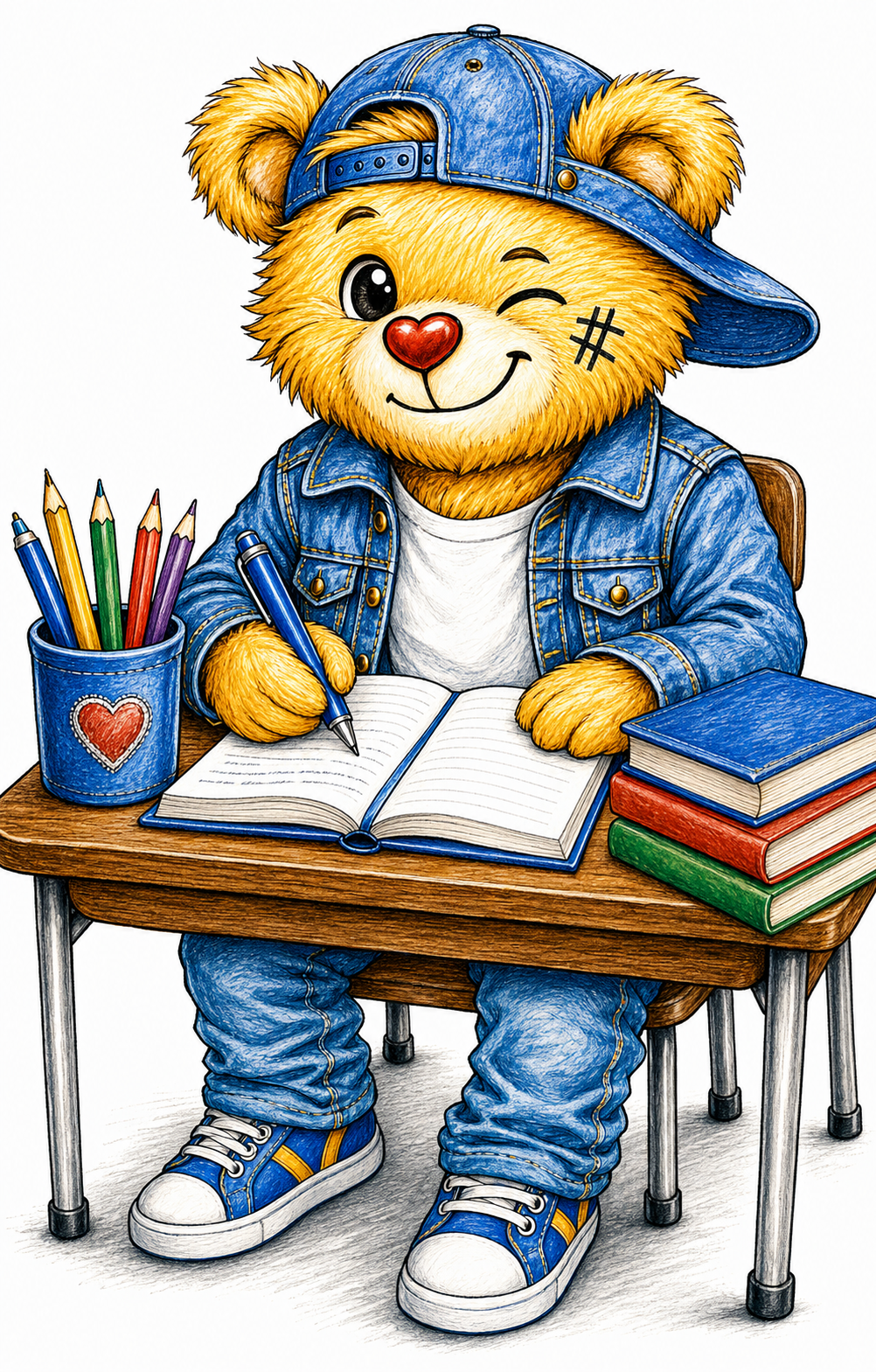 Hand-drawn teddy bear in denim writing in an open book at a desk